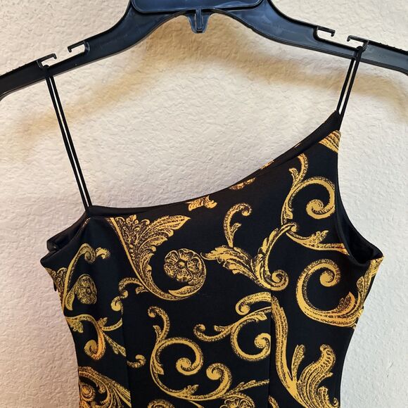 Guess Baroque Italian Black Gold Ponte Mini Party Cocktail XS Asymmetrical Neck - Picture 4 of 7